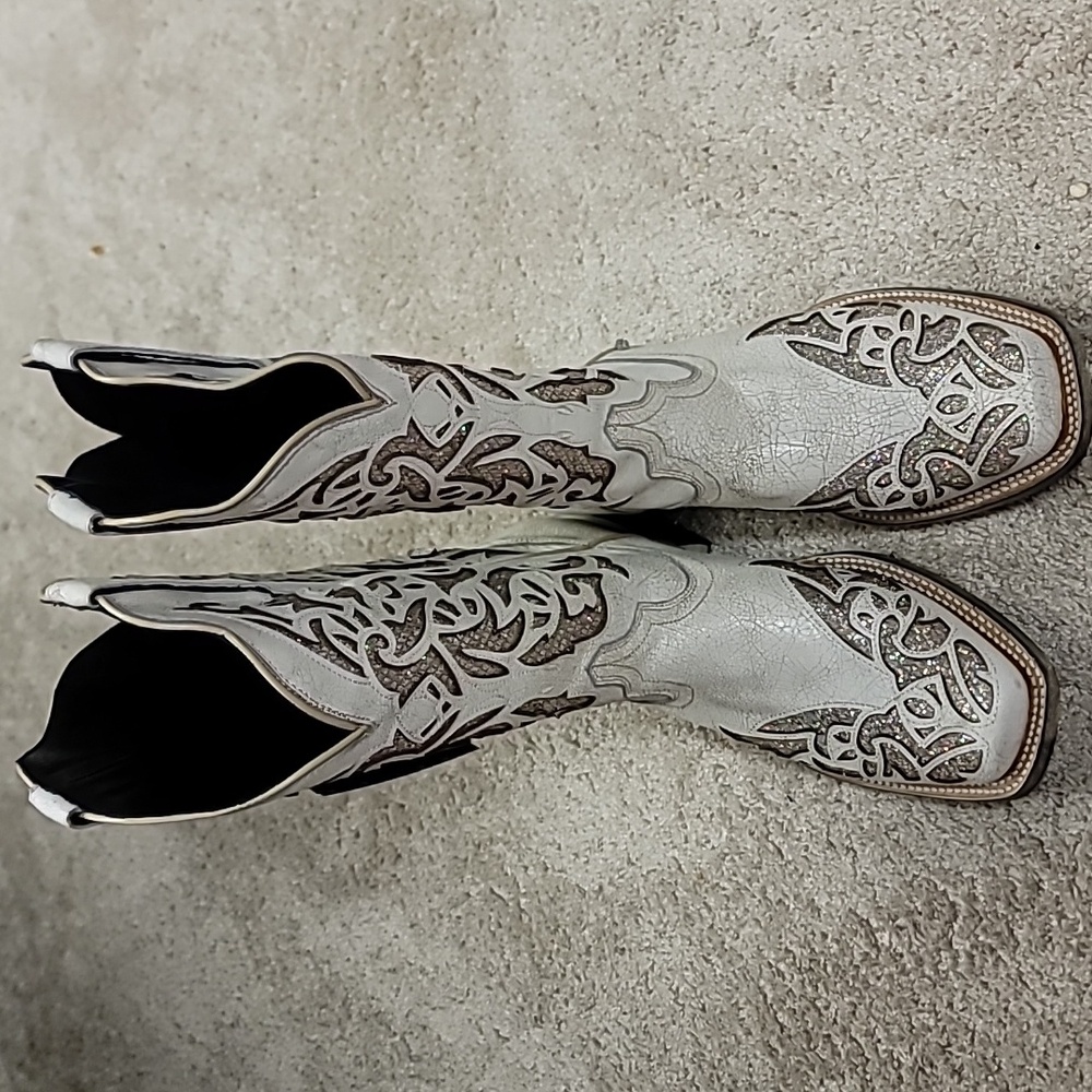 Elegant White and Silver Lace Heeled Boots